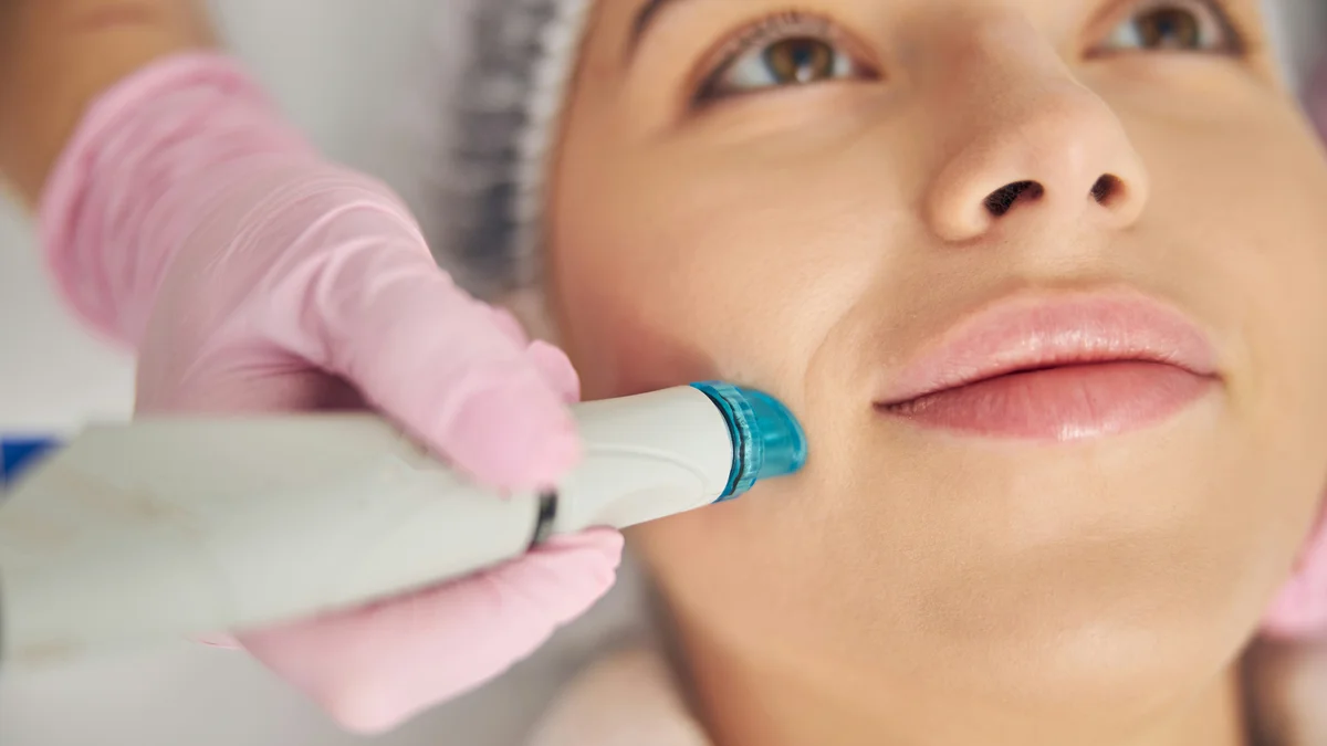 Grande plano de um aparelho HydraFacial a deslizar pela bochecha de uma cliente durante um tratamento no salão